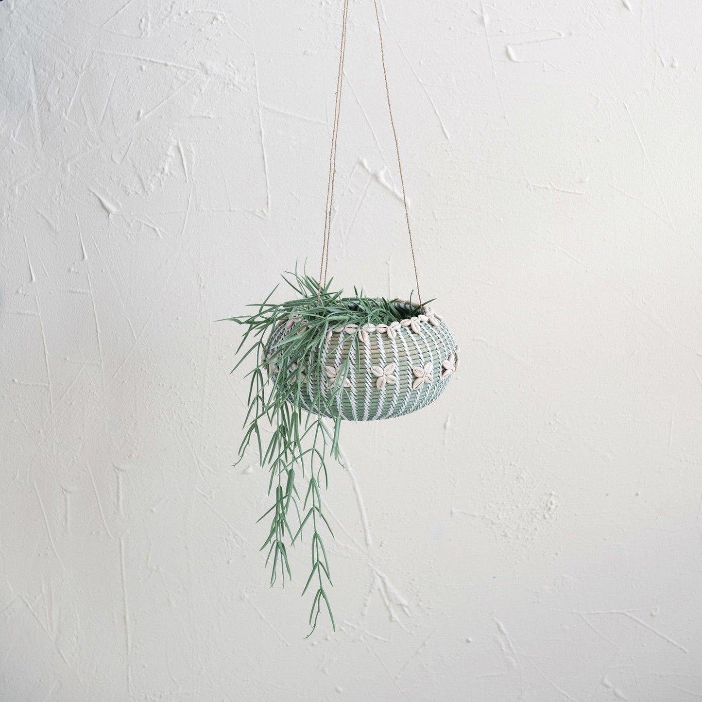 9in Aqua Hanging Hand-Woven Rattan Basket w/ Shells