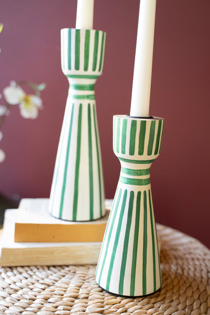Hand-Painted Wooden Taper Candle Holders - Green