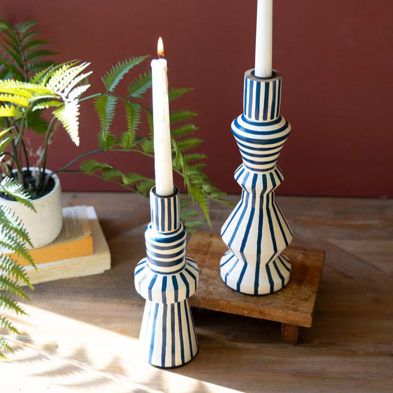 Hand-Painted Wooden Taper Candle Holders - Blue