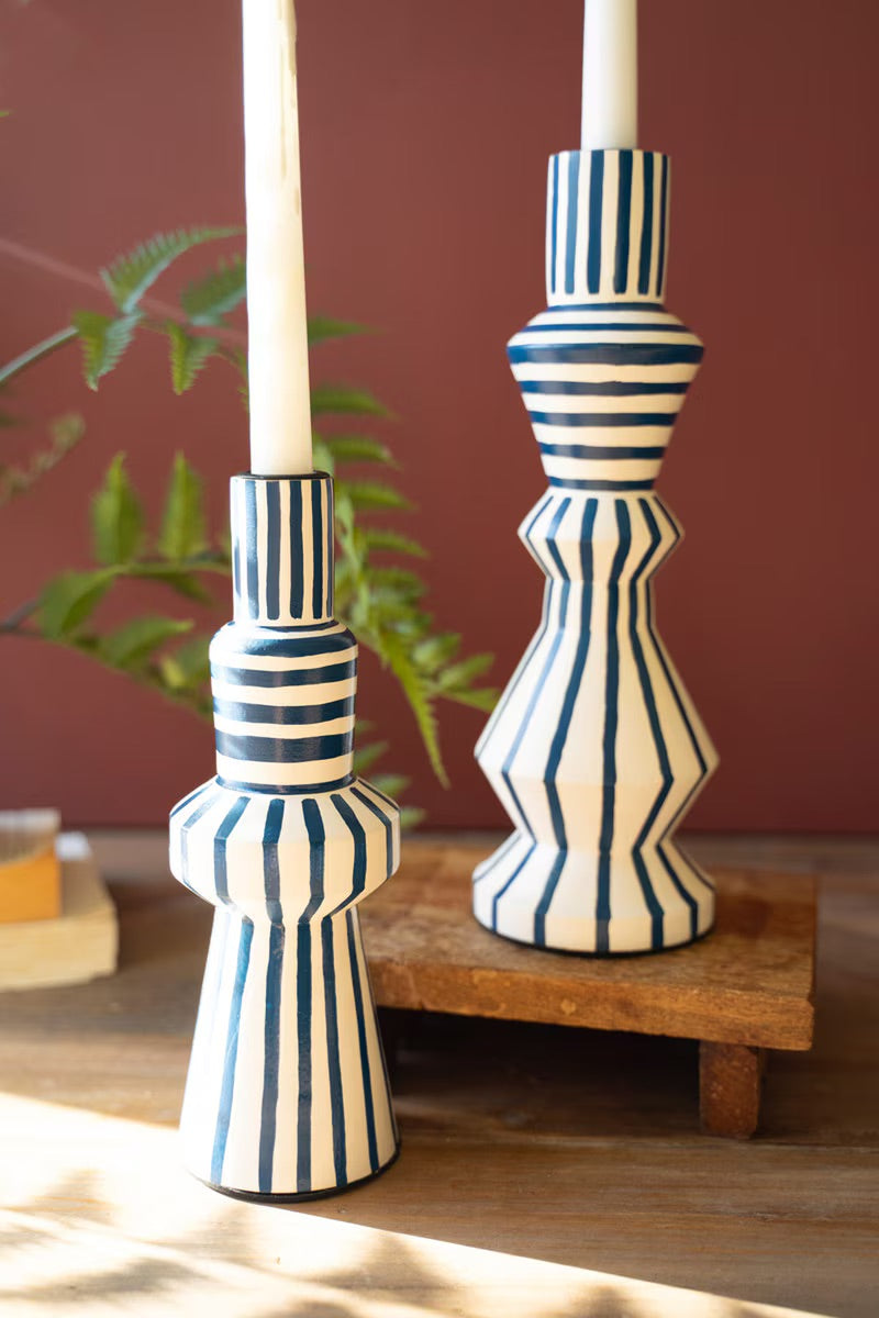 Hand-Painted Wooden Taper Candle Holders - Blue