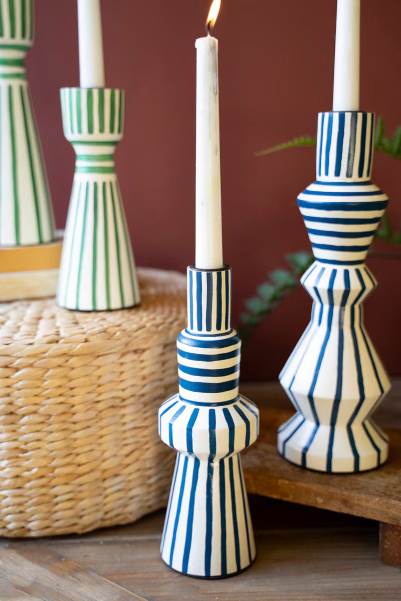 Hand-Painted Wooden Taper Candle Holders - Blue