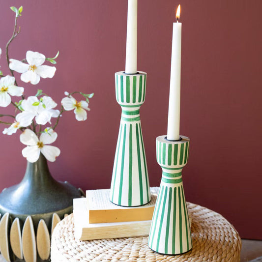 Hand-Painted Wooden Taper Candle Holders - Green