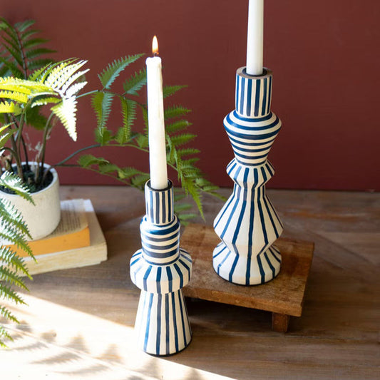 Hand-Painted Wooden Taper Candle Holders - Blue