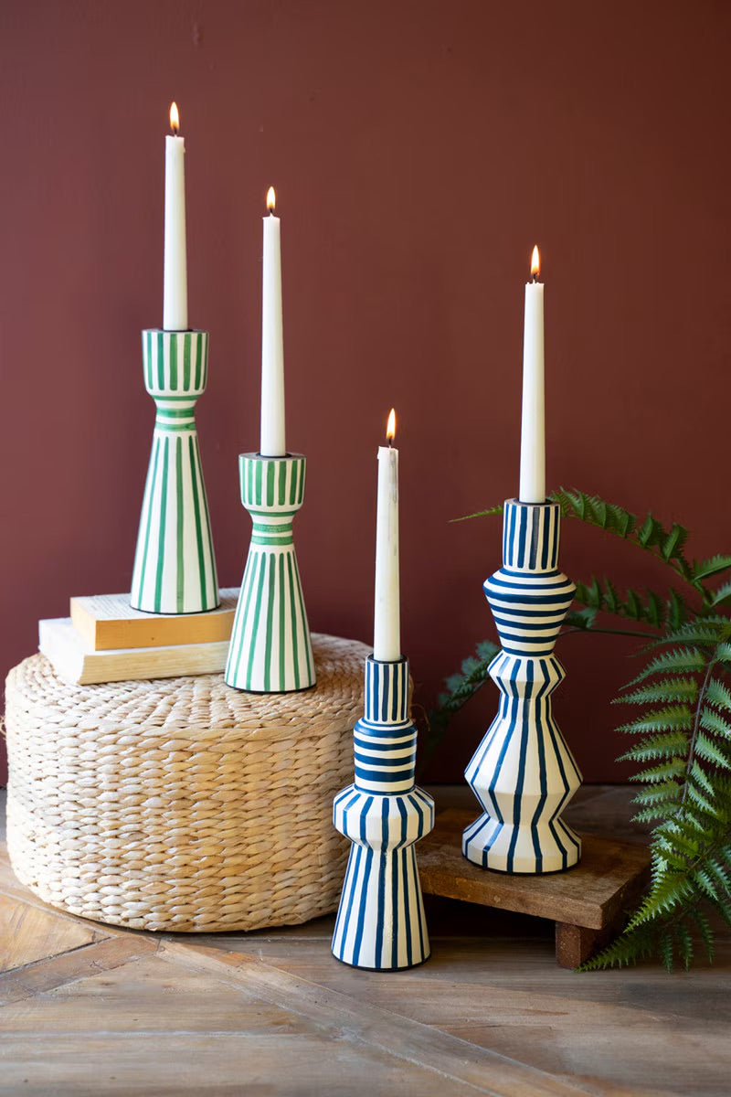 Hand-Painted Wooden Taper Candle Holders - Blue