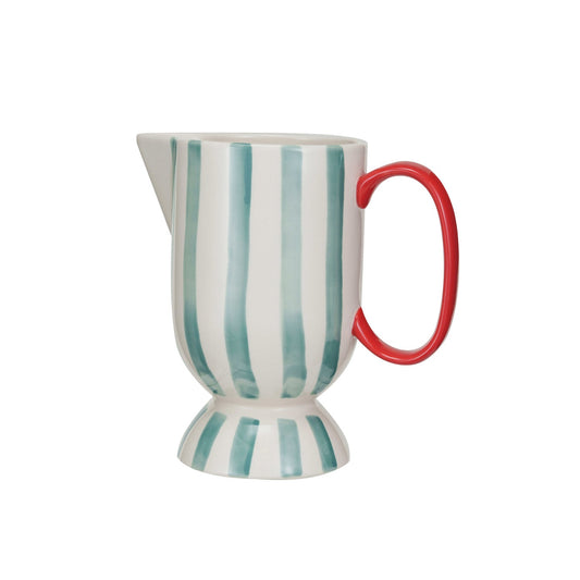 Hand-Painted Stoneware Footed Pitcher w/ Stripes- 1 Quart