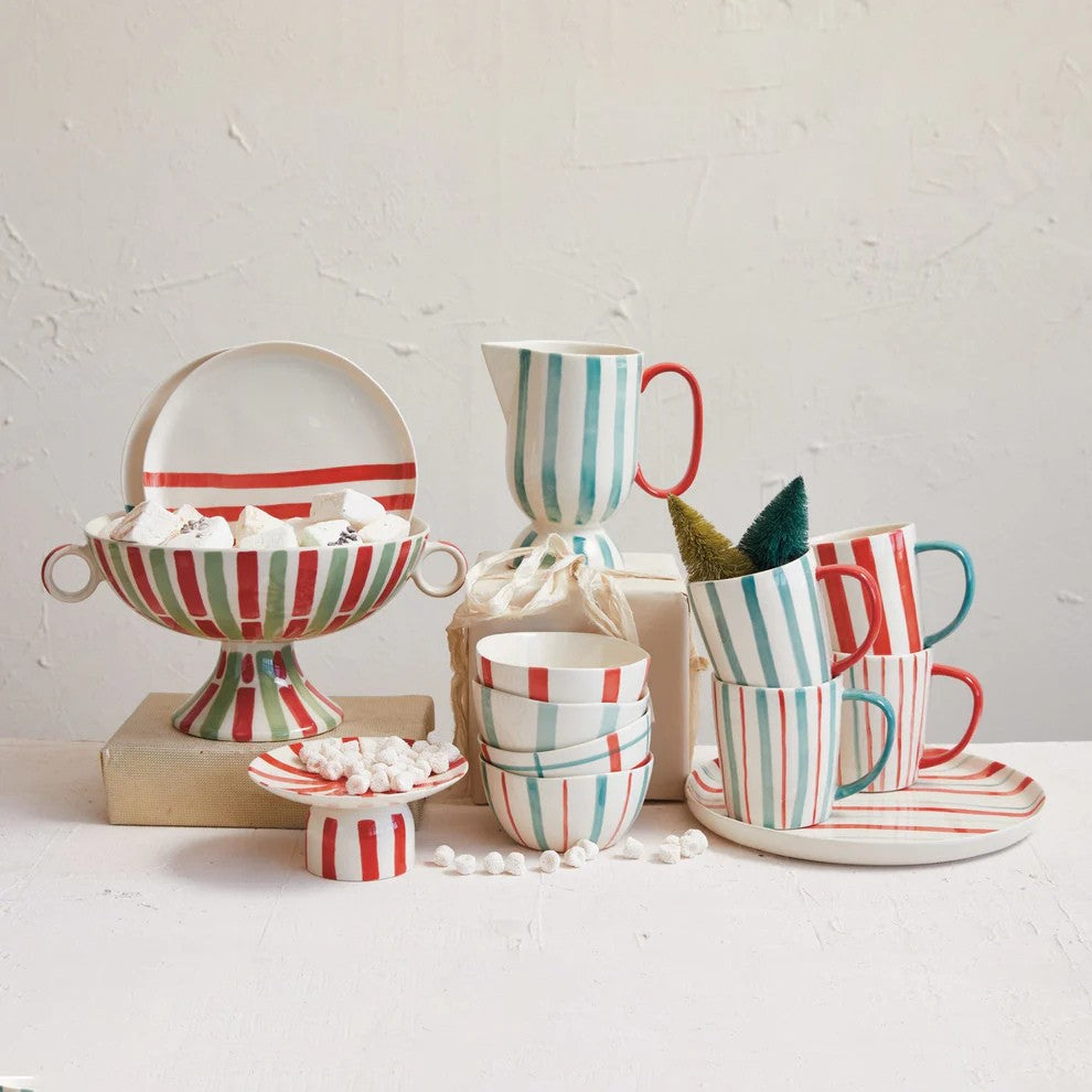 Hand-Painted Stoneware Footed Pitcher w/ Stripes- 1 Quart